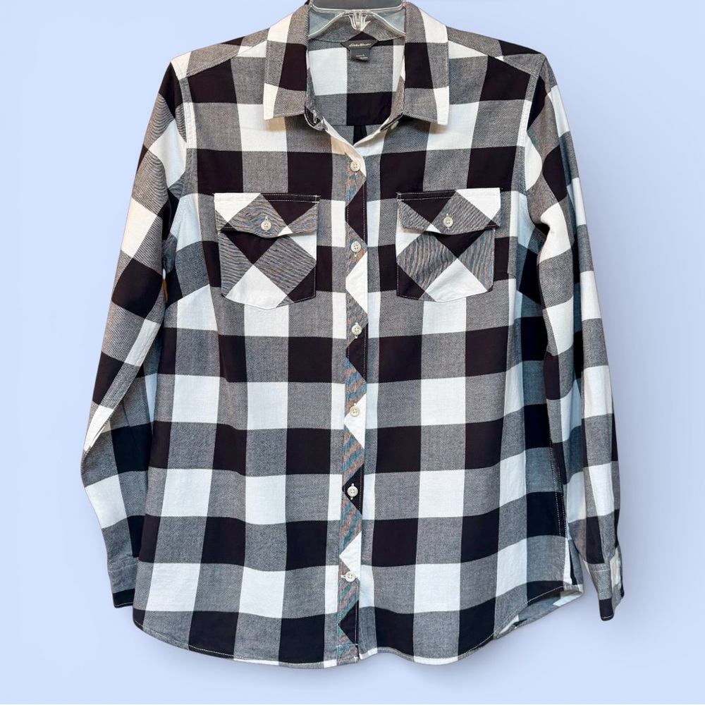 Eddie‎ Bauer Shirt Buffalo Plaid Black & White Flannel 100% Cotton Sz L